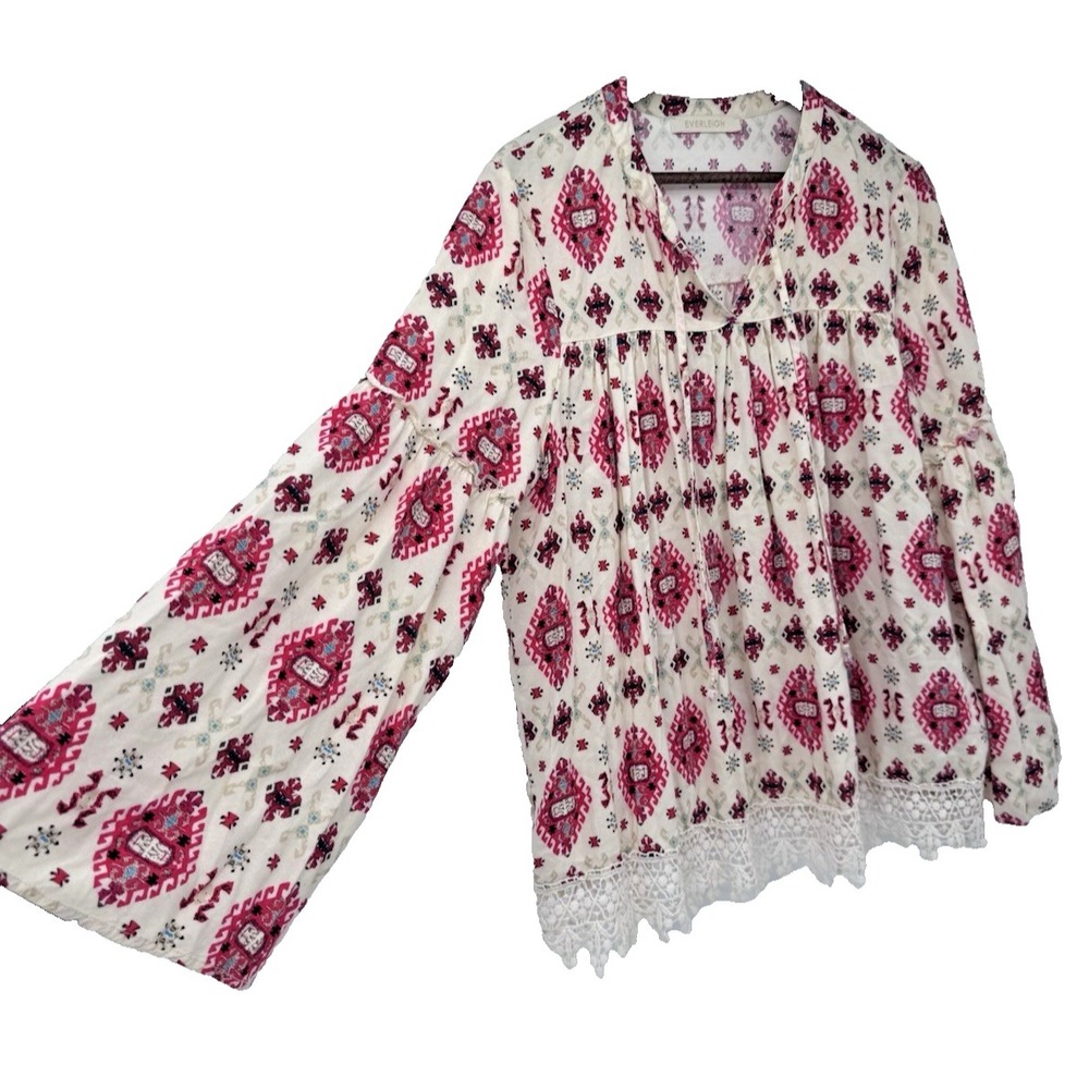 M Peasant Tunic Top Bell Flare Sleeve Lace Trim Boho Aztec Festival flowy